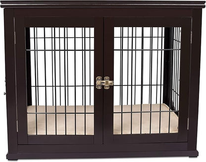 Internet's Best Decorative Dog Kennel with Pet Bed | Double Door | Wooden Wire Dog House | Large Indoor Pet Crate Side Table | Espresso