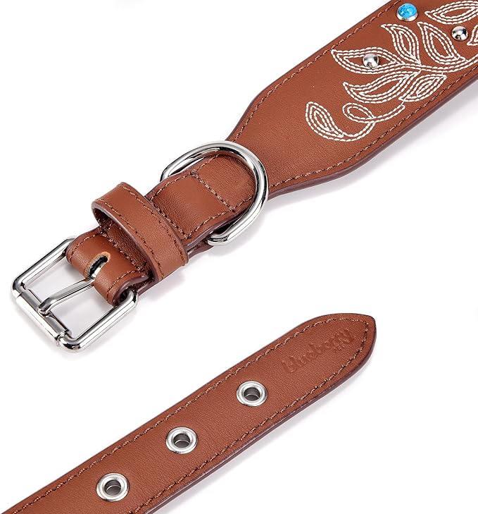 Blueberry Pet Genuine Leather Dog Collar - Western-Inspired Brown Leather Dog Collar for Large Dogs with Floral Embroidery & Turquoise Studs, 18-22 Inch Adjustable & Durable for City Pet Owners