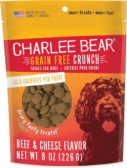 Charlee Bear Crunch Grain Free Dog Treats, Beef and Cheese, 8 Ounce Resealable Bag, Low Calorie Training Treats for Dogs, Limited Ingredient, Healthy, Crunchy Dog Snacks, Made in USA