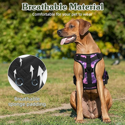 VavoPaw Heavy Duty Tactical Dog Harness for Large Dogs, No Pull Adjustable Pet Harness Reflective Service Training Easy Control Pet Vest Military K9 Working Dog Harnesses, Purple Camouflage, XL