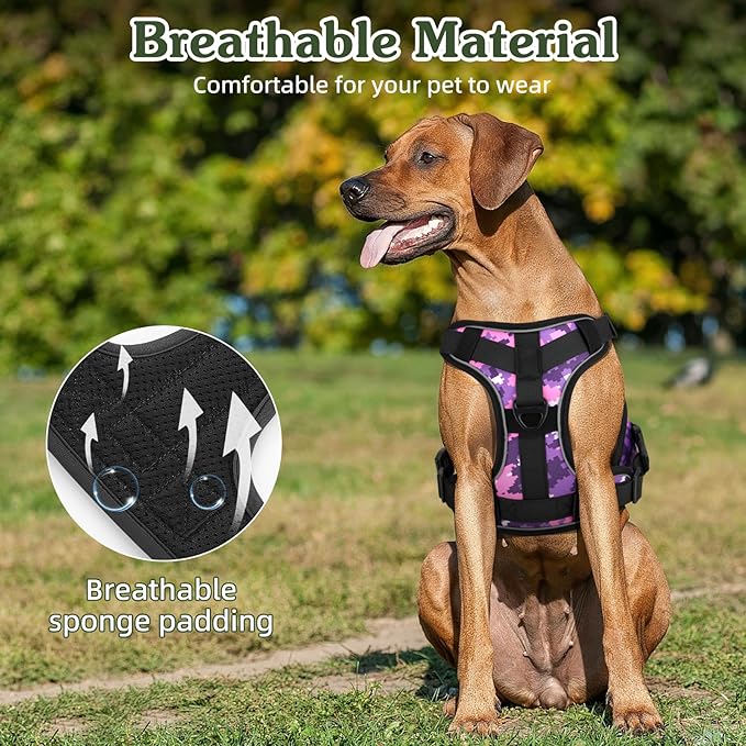 VavoPaw Heavy Duty Tactical Dog Harness for Large Dogs, No Pull Adjustable Pet Harness Reflective Service Training Easy Control Pet Vest Military K9 Working Dog Harnesses, Purple Camouflage, M