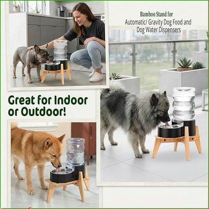 Dog Water Bowl Dispenser Stand for Medium Breeds - Elevated Raised Automatic Dog Food Feeder Holder - Adjustable Fit - Durable Bamboo