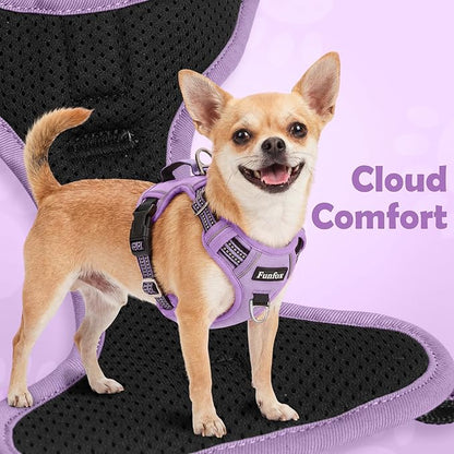 Funfox Dog Harness No Pull, Adjustable Pet Vest Harness, Super Soft Material with Vertical Handle Easy Control, Reflective Night Walking, 2 Leash Clips for Medium Sized Dogs, Purple, M