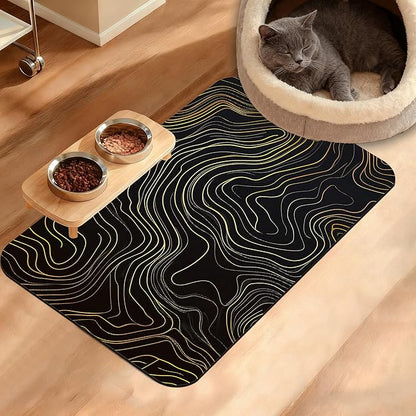 Dog Bowl Mat,Abstract Map Pet Feeding Mat for Floors Waterproof,Golden Lines Texture Absorbent Dogs Placemat for Food and Water Quick Dry Pet Cat Feeding Mats with Non Slip Bottom 16" x 24"