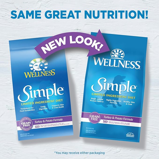 Wellness Simple Limited Ingredient Adult Dry Dog Food, Grain Free Kibble, Sensitive Stomach, Skin & Coat Support, Natural, Chicken Free, Turkey and Potato Recipe, 26 lb Bag