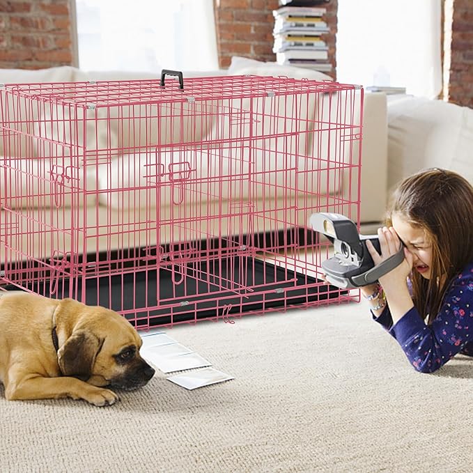 Dog Crate for Large Medium Dogs Folding Dog Kennel Cage with Plastic Tray & Divider 48" Indoor Outdoor Metal Double Door Pet Playpen Heavy Duty Dog Pen Enclosure Pink
