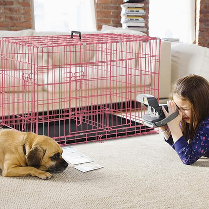 Dog Crate for Large Medium Dogs Folding Dog Kennel Cage with Plastic Tray & Divider 48" Indoor Outdoor Metal Double Door Pet Playpen Heavy Duty Dog Pen Enclosure Pink