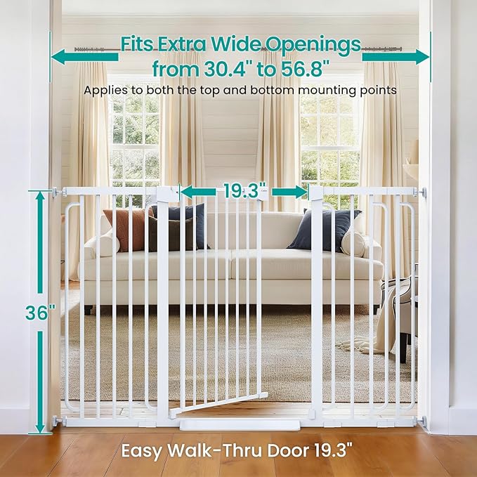 Cumbor 36" Extra Tall Baby Gate for Stairs, 30.4-56.8" Extra Wide Dog Gate Indoor, Dual Lock & Self-Closing Child Gate for Doorways, Hallways & Large Opening, Safety Baby Proofing for the House, White