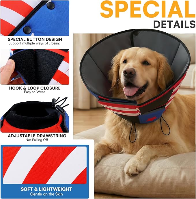 Queenmore Dog Cone, Cone for Dogs to Stop Licking, Dog Cones for Medium Dogs, Adjustable Doggy Recovery Collars & Cones, Elizabethan Collar for Pets After Surgery, USAFlag M