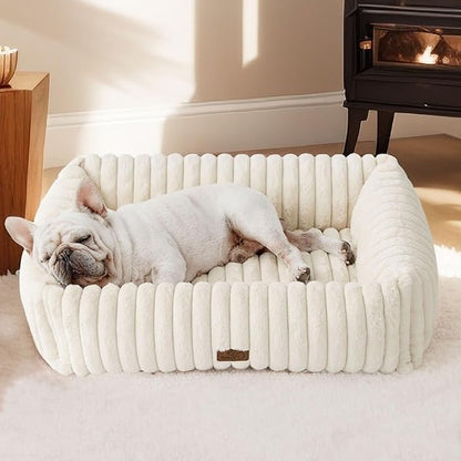 Bedsure ComfyFleece™ Cute Dog Bed Medium Size Dog - Washable Furry Puppy Beds, Rectangle Orthopedic Corduroy Fleece Pet Beds with Removable Zipper Cover, 30x24x8inches, Cream