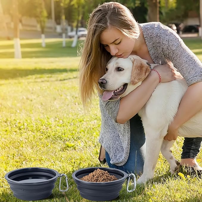 SLSON Dog Bowls Pet Collapsible Bowl with Cover Lids,2 Pack Dog Travel Bowls Portable Foldable Cat Water Dish Bowl for Pets Walking Parking Camping (Black and Black, Medium)