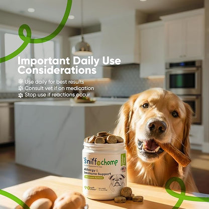 SNIFF N CHOMP Dog Allergy Chews, Chicken Flavor, Probiotics for Dogs with Quercetin Omega 3 Zinc, Seasonal Allergy Relief, Immune Support Soft Chews, Probióticos para Perros | 90 Soft Chews