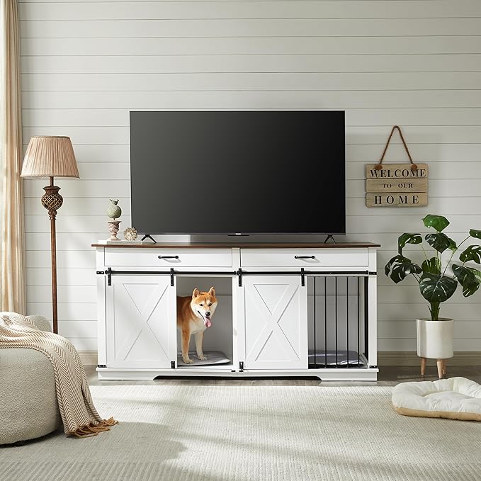 72.5" XXL Wooden Double Dog Crate Furniture for 2 Large Breeds, Farmhouse Barn Door, Removable Divider, Water Resistant with Built-in Drawers, Home Decor Pet Kennel, White
