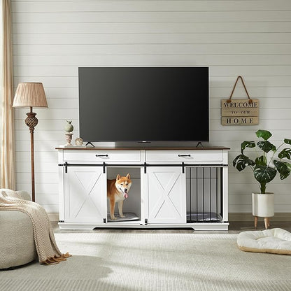72.5" XXL Wooden Double Dog Crate Furniture for 2 Large Breeds, Farmhouse Barn Door, Removable Divider, Water Resistant with Built-in Drawers, Home Decor Pet Kennel, White