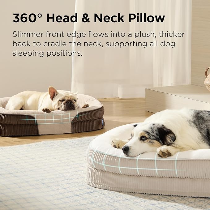 Bedsure L Plus Orthopedic Dog Beds Large Sized Dog - 360° Oval Bolster Large Dogs Bed for Senior Dogs with Waterproof Washable Cover, Big Comfort Pet Sofa Couch with Ultra-Soft Fleece, Beige, 38"