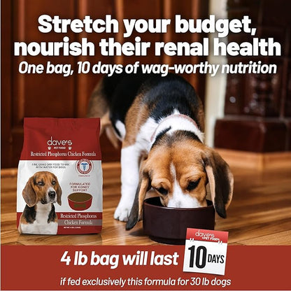 Dave’s Pet Food Kidney Care Dog Food (Chicken Formula Crumble), Non-Prescription, Low Phosphorus, Low Protein , Renal Kidney Support, Vet Formulated, 4 lb