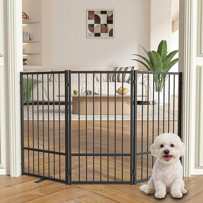SNUOWU Full Metal Freestanding Dog Gate with Door, 36''Height Foldable Pet Dog Fence for Indoor & Outdoor, 3 Panels Extra Wide Free Standing TallDog Gates for Doorways,House,Stairs,Porch,Deck,Yard