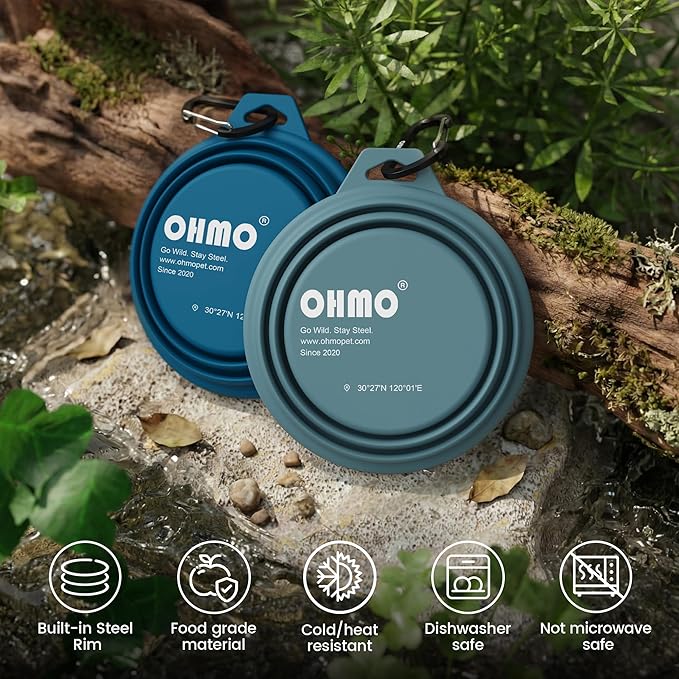 OHMO Collapsible Dog Water Bowls w/Built-in Stainless Steel Ring – 2pcs Small 12oz/400ml Portable Silicone Pet Feeding Bowl for Hiking, Camping, Travel