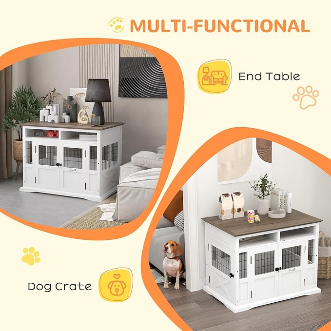 PawHut Dog Crate Furniture Side End Table with Storage, 41" Modern Wooden Dog Kennel Furniture with Double Doors for Small and Medium Dogs, White