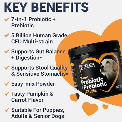 7-in-1 Probiotic + Prebiotic for Dogs. For Digestive Health, Yeast, Itchy Skin, Itchy Ears, Paw Licking. Dog Gut Health Probiotics Supplement 5 Billion CFU Multi-Strain Formula. Daily Powder Topper