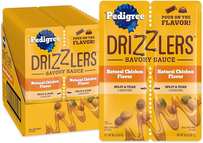 Pedigree Drizzlers for Dogs, Wet Dog Food Gravy Savory Sauce, Natural Chicken Flavor, 60g Dual-Serving Pouch (22 Count, 44 Servings Total)