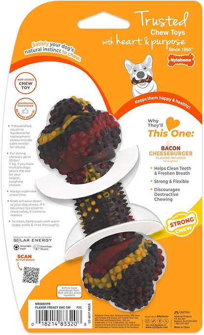 Nylabone Double Action Bone Strong Chew Toy for Dogs, Rubber Dog Toys for Moderate & Aggressive Chewers, Bacon Cheeseburger, Small - Up to 25 Ibs, 1 Count