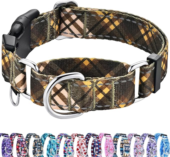 Fall Reflective Martingale Collar for Dogs with Quick Release Buckle Autumn Dog Collars (Brown Plaid, Small)