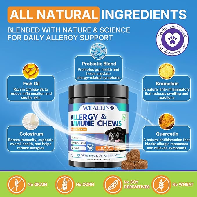 Dog Allergy Relief Chews, 200 Treats Anti-Itch Allergy Soft Chews for Dogs with Probiotics & Omega 3 Fish Oil, Itchy Skin Relief, Immune Support, Paw Licking Itchy Ears & Hot Spots, Seasonal Allergies