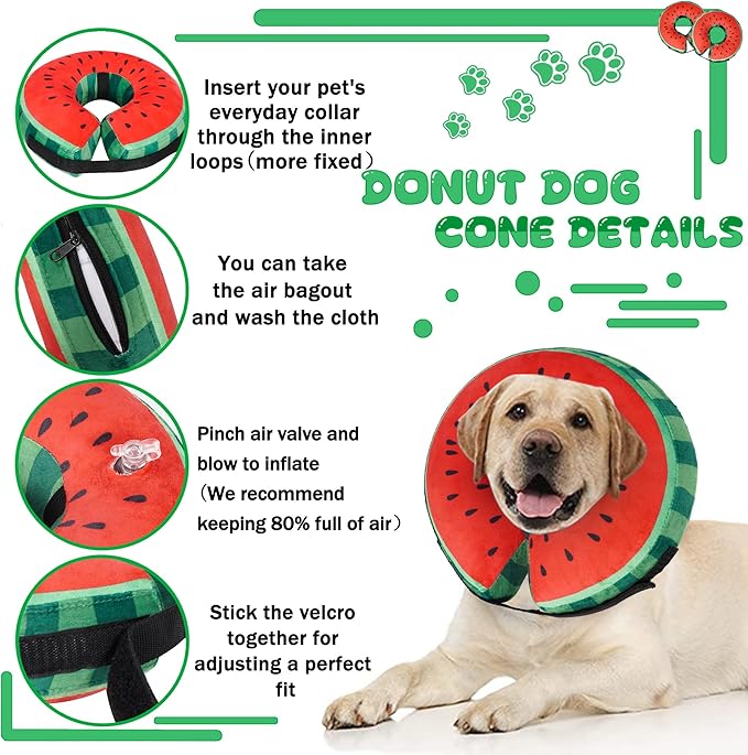 Recovery Donut Collar for Dogs & Cat,Inflatable Dog Collar Alternative After Surgery,Soft Cone for Large Medium Small Pet(Watermelon,Medium+)
