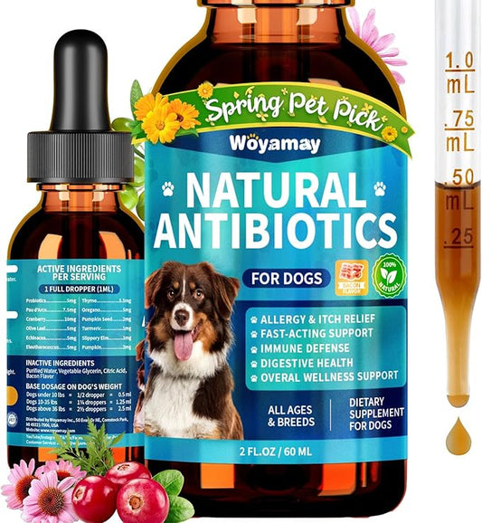 Woyamay Antibiotics for Dogs | Natural Dog Antibiotics for Allergy Relief, Itch Relief, Coughs, Skin Health, Breath Treatment, Digestion | Herbal Supplement to Care for Ears, Eyes & Coat, 2 Fl Oz
