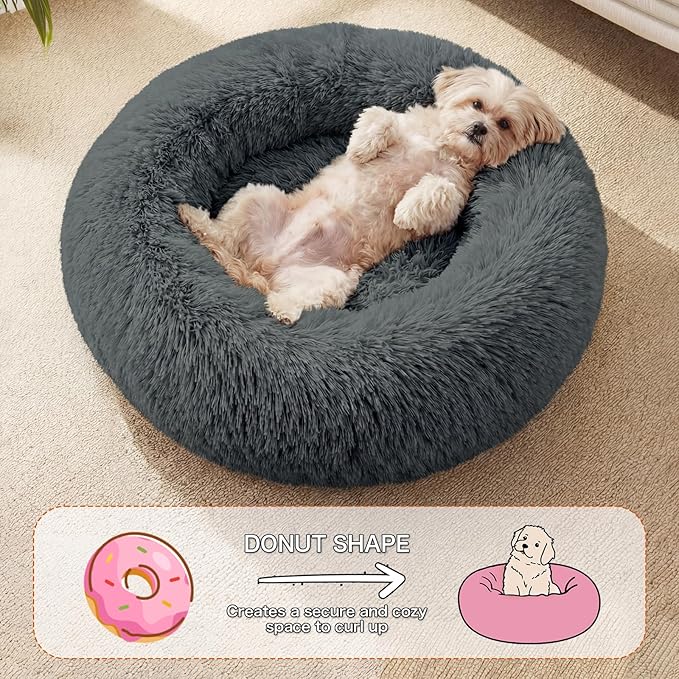 WROS Calming Dog Bed, 20" x 20" x 6" Fits Cat & Dog, Anti-Slip Round Washable Faux Fur for Doze Off, Napping Orthopedic, Dark Grey