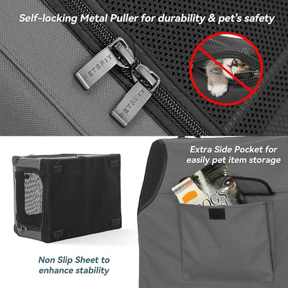 PETSFIT Dog Travel Crate, Soft Sided Dog Crate - 36 Inch Sturdy Adjustable Structure, Easy to Set Up, Collapsible Dog Crate for Car, Light Tough with 3 Mesh Doors Gray