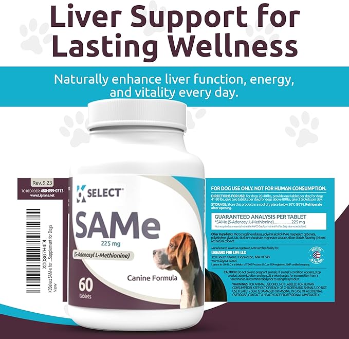 K9 Select SAM-e for Dogs: 225mg, 60 Tablets Active S-Adenosyl-L-Methionine Liver Supplement - Cognitive and Joint Health Nutrition for Medium and Large Dogs - Same Dog Liver Nutritional Supplement
