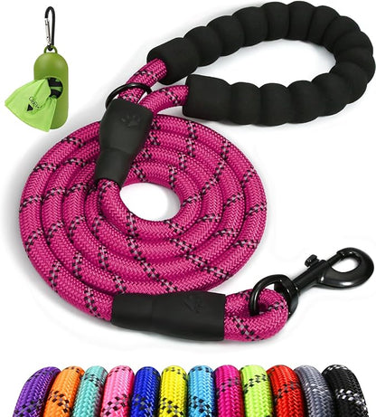 Taglory Rope Dog Leash 4 FT with Comfortable Padded Handle, Highly Reflective Threads Leash and Anti-Tangle Clip for Walking Small Dogs, 3/8 inch, Hotpink