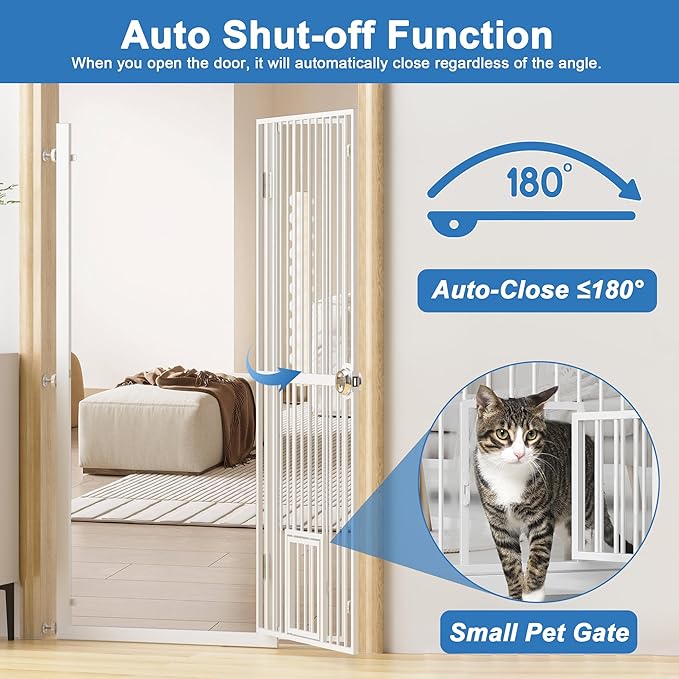Extra Tall Cat Gate for Doorway, Adjustable Wide Dog Door with Cat Door, 1.37" Gap for Pet Gates, Suitable for Doorways or Kitchen, No Drilling Pressure Mount Kit (White, 34.3"-36.7"/87.3cm-93.3cm)