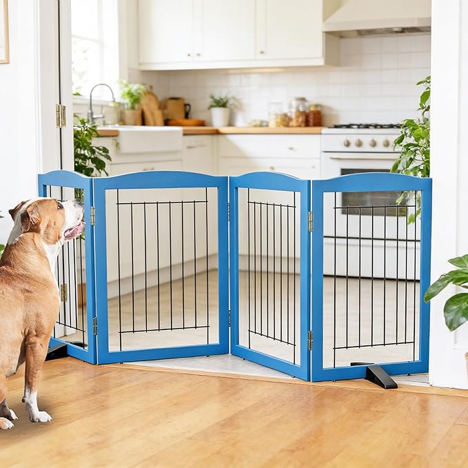 ZJSF Freestanding Dog Fence Indoor, Foldable Dog Gate for Doorways, Stairs or Hallways, Sturdy Wood Extra Wide Pet Gate with Support Feet for The House, Blue, 32 "Height-4 Panels
