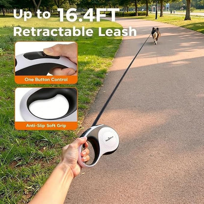 Retractable Dog Leash for Large Dogs with LED Light, 16.4ft Long Pet Leash up to 110lb Pull, 360° Tangle-Free One-Button Control for Small & Large Dogs & Cats, with Charging Cable, White