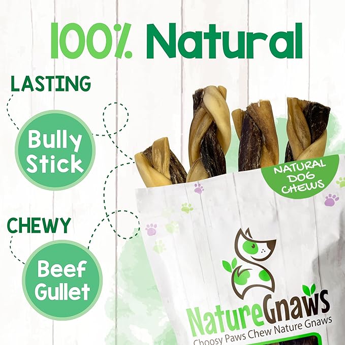 Nature Gnaws Braided Bully Twists for Dogs 5-6" (3 Count) - Long Lasting for Small and Medium Dogs - Natural Beef Dog Chew Bones