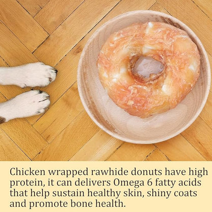 Pawmate Dog Treats Large Breed, Chicken Wrapped Rawhide Donut Rings, Rawhide Dog Chews Long Lasting, Grain Free Training Snacks with Taurine for Medium Large Dogs, 4 Counts