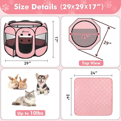 Dog Cat Playpen Indoor Outdoor for Puppy Pet Dogs Cat Recovery After Surgery, Dog Tent Crates Cage Indoor/Outdoor, Portable Pop Up Kennel with Carrying Case for Travel (Premium Pink with Pad, Small)