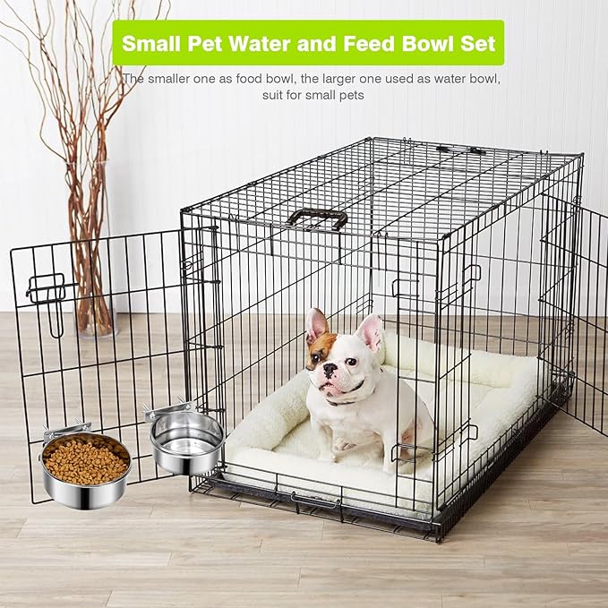 2 Pcs Small Pet Dog Food Water Bowl for Cage Stainless Steel Non-Spill Kennel Hanging Cats Pets Bowls with Clamp Holder Crate Feeder Dish for Small Dogs Pets (4.7x1.9'' & 3.9x1.7'')