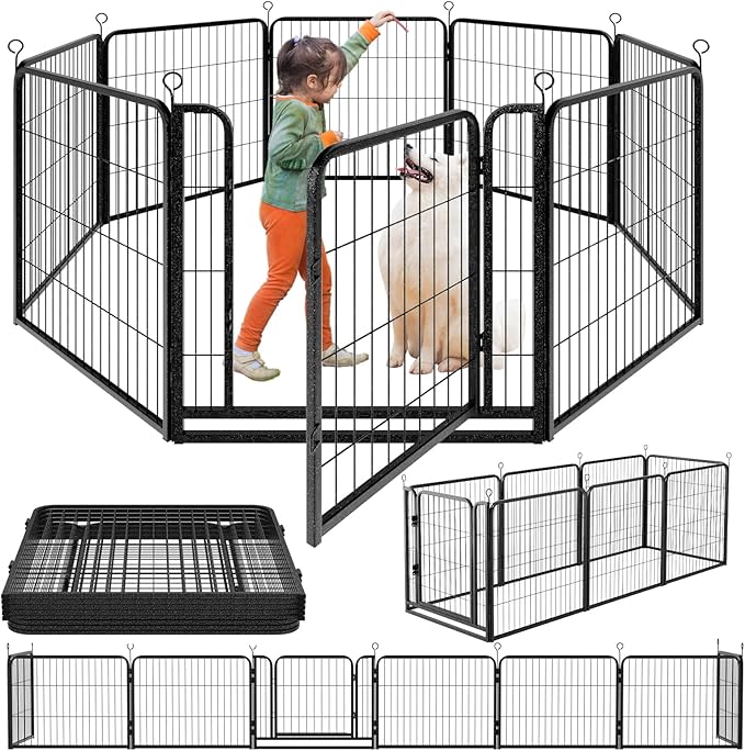 Kfvigoho Dog Playpen Outdoor Extra Wide 8 Piece Panels Heavy Duty Dog Fence 32" Height Anti-Rust with Doors Portable for RV Camping Yard, Total 21FT, 35 Sq.ft, Snowy Black