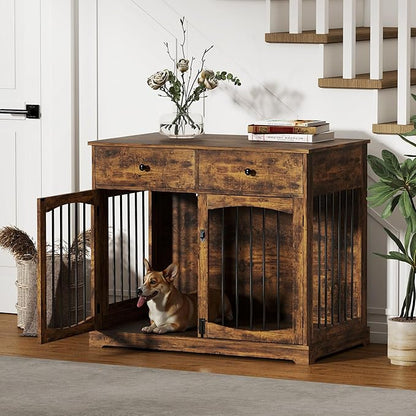 Kucreiheat 40'' Wooden Dog Crate Furniture–Farmhouse Dog Kenel-Multi Purpose Pet House with Double Doors, 2 Drawers, for Small, Medium & Large Dogs–Rustic Brown Finish