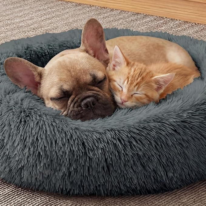 WROS Calming Dog Bed, 24" x 24" x 6" Fits Cat & Dog, Anti-Slip Round Washable Faux Fur for Doze Off, Napping Orthopedic, Dark Grey