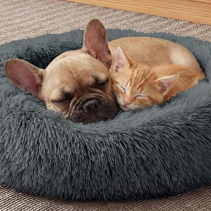 WROS Calming Dog Bed, 20" x 20" x 6" Fits Cat & Dog, Anti-Slip Round Washable Faux Fur for Doze Off, Napping Orthopedic, Dark Grey