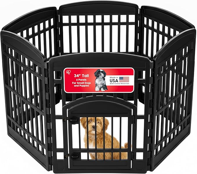 IRIS USA Dog Playpen with Door, 34” 6 Panel Pet Exercise Pen – Indoor Outdoor Puppy Play Pen, Portable Plastic Pet Fence for Small Medium Dogs, Foldable 44” x 63” x 34”, Black