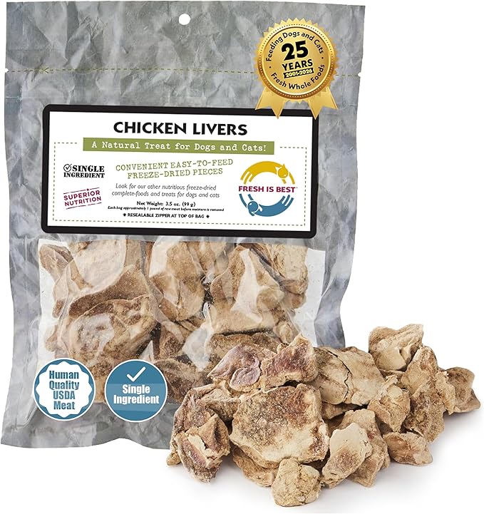 Fresh Is Best Freeze Dried Dog Treats - Raw Freeze Dried Chicken Liver Treats for Dogs & Cats - Chicken Livers in Resealable Zipper Bag - High-Protein Single Ingredient Dog Treat - Made in the USA