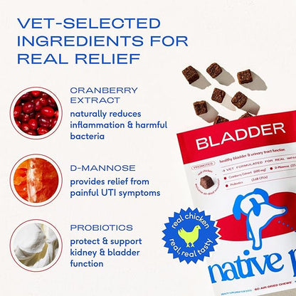 Native Pet Dog UTI Treatment - Cranberry Supplement for Dogs - Supports Normal Bladder Function, Urinary Tract & Kidney Health - Real Cranberry Extract, D-Mannose & Probiotics - Air-Dried - 60 Chews