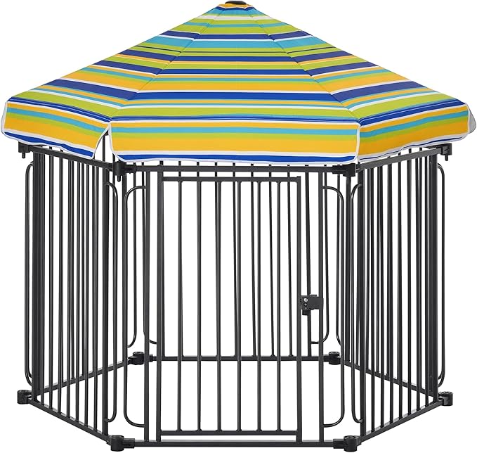PawHut 48" x 41" Heavy-Duty Metal Dog Playpen, Outdoor Pet Cage Kennel, Puppy Exercise Fence Barrier with Weather-Resistant Polyester Roof, Locking Door, & Metal Frame