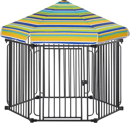 PawHut 48" x 41" Heavy-Duty Metal Dog Playpen, Outdoor Pet Cage Kennel, Puppy Exercise Fence Barrier with Weather-Resistant Polyester Roof, Locking Door, & Metal Frame